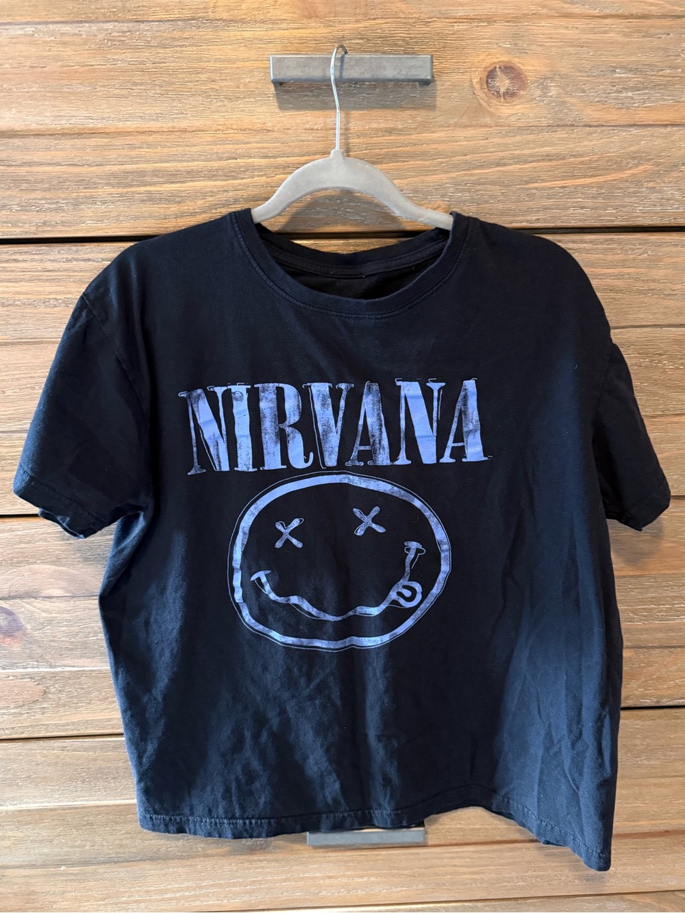 NIRVANA Black Tee with Faded Blue Smiley Graphic